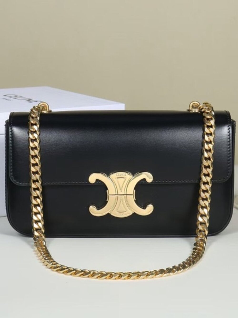 Celine Black Leather Shoulder Bag with Gold Chain